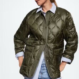 Mango Quilted Olive Green Oversized  Jacket